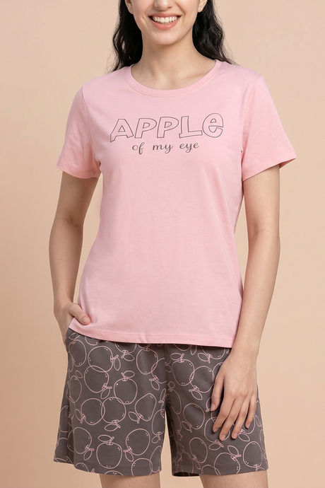Zivame Apple Print Knit Cotton Short Set - Dark Gull Gray — image 5